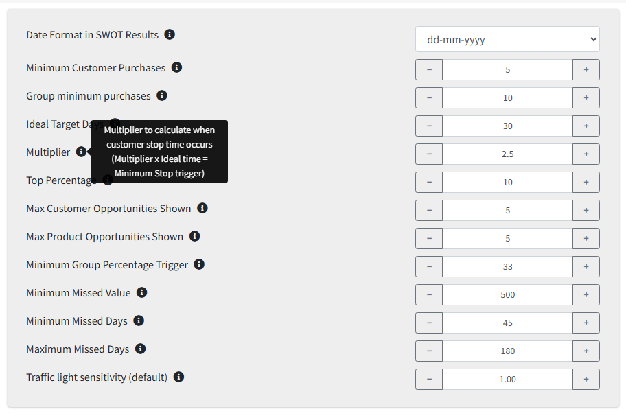 The Variables page: a list of settings, each with an information icon and an input or drop-down, one tooltip explaining that the Multiplier times the Ideal time gives the minimum stop trigger.