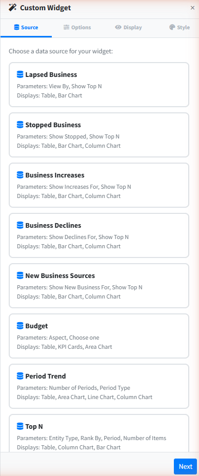 The Custom Widget panel open on the Source tab, with Source, Options, Display and Style tabs across the top and Next and Back buttons at the bottom.