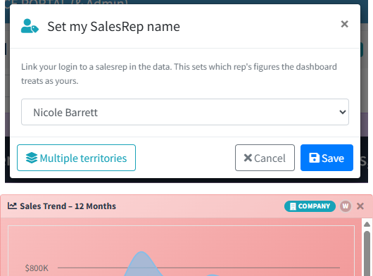 The Set my SalesRep name dialog with a sales rep chosen from the list, and a Save button.