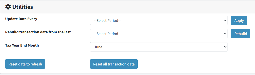 The Utilities page with Update Data Every and an Apply button, Rebuild transaction data from the last with a Rebuild button, a Tax Year End Month drop-down, and Reset data to refresh and Reset all transaction data buttons.